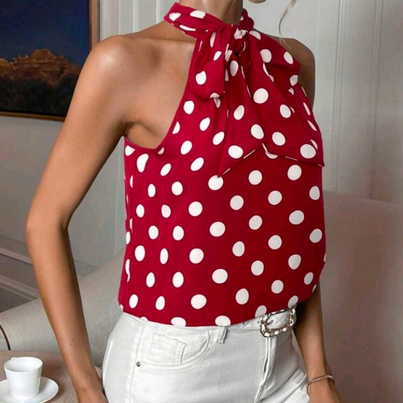 Privé Women's Elegant Office Commute Polka Dot Print Halter Shirt - Picture 5 of 5